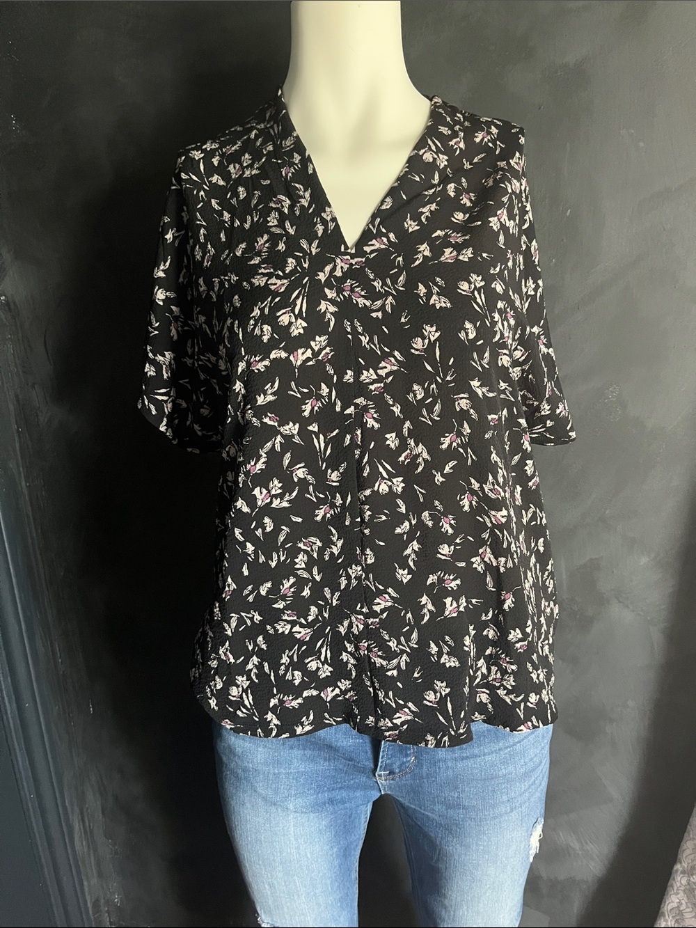 Reitmans Black Floral V-Neck Blouse with Pink Accents